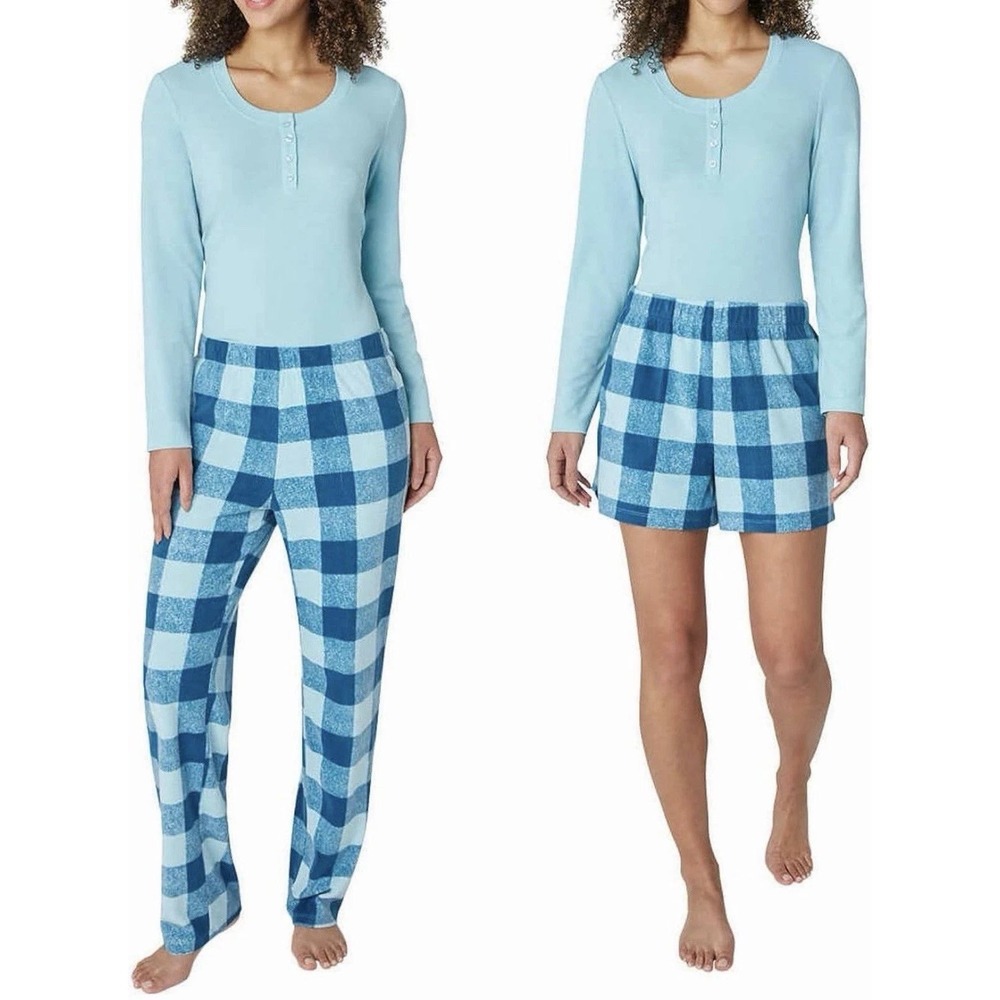 NWT Eddie Bauer Women's XS Blue Waffle Fleece Sleep Set Pajamas Plaid Polyester